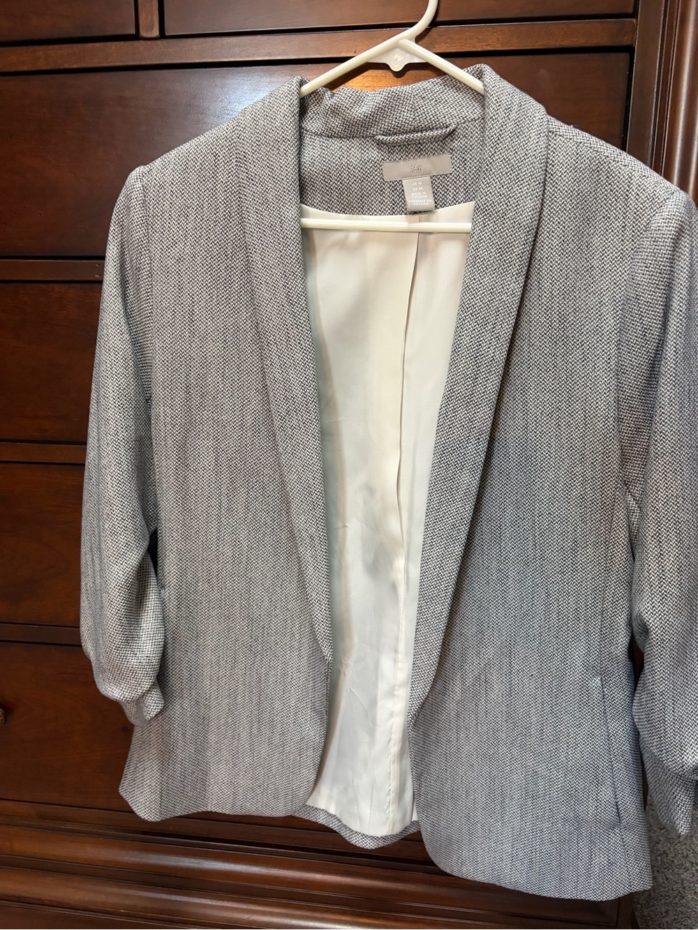 H&M Light Gray Textured Open Blazer with     Gathered sleeves